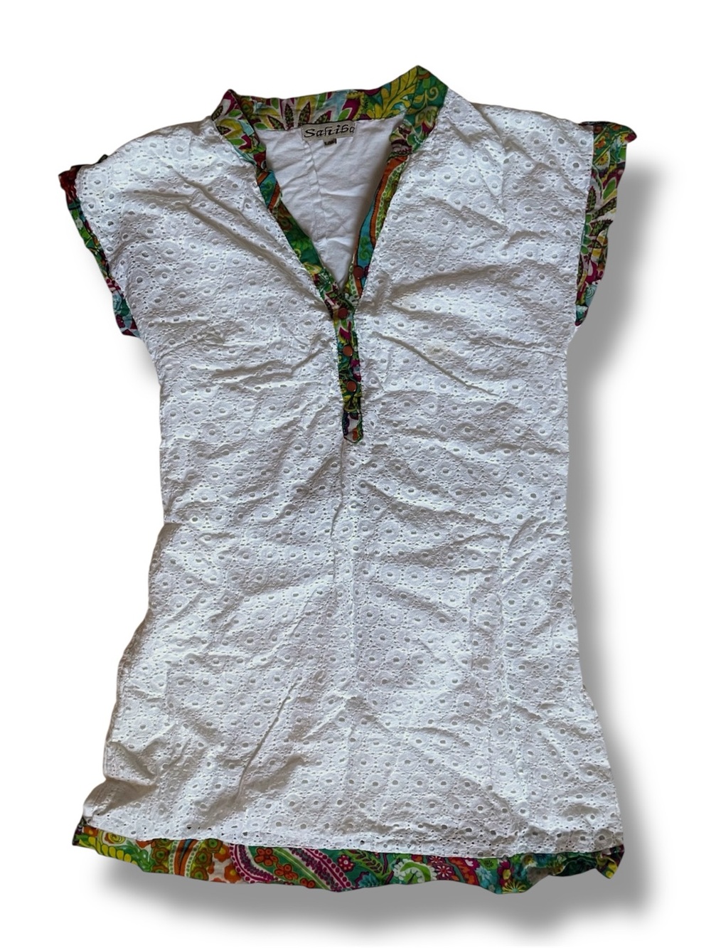 White Eyelet Tunic with Multicolor Trim size M cute! Beach coverup summer fun.